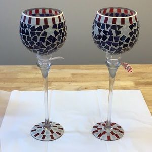 Mosaic red white blue stars &stripes candle holder XL Goblets set Pair NWT